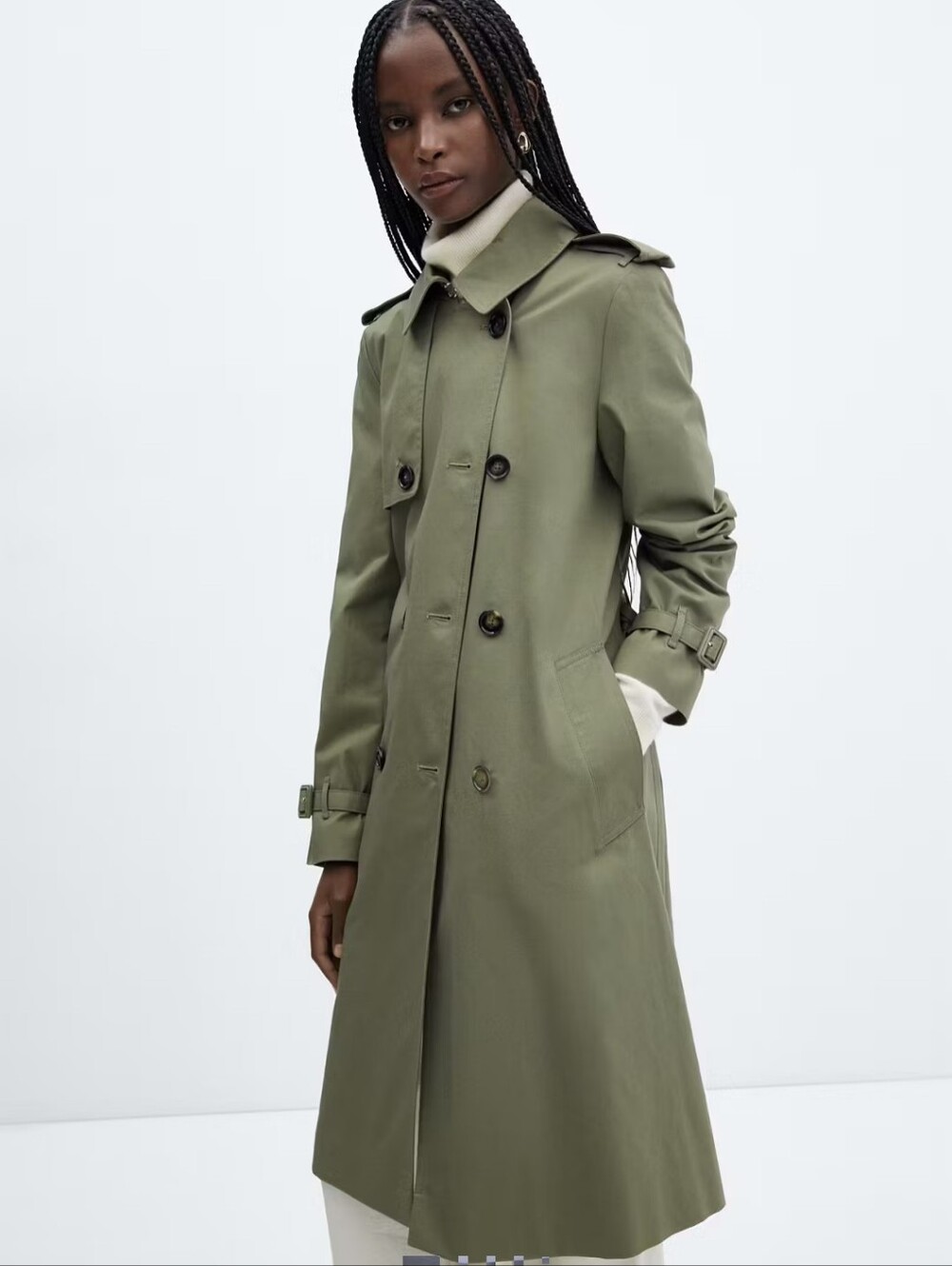 Mango Olive Green Double-Breasted Trench Coat